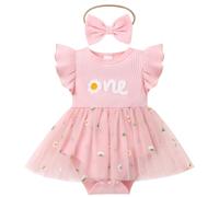 FYMNSI Baby Girl Flower 1st First Birthday Outfit Flutter Sleeve Tutu Princess Romper Dress Bodysuit with Bowknot Headband Set Infant One Year Old Party Cake Smash Photoshoot Pink Floral 12-18 Months