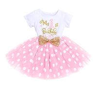 FYMNSI Baby Girl My 1st Birthday Party Dress First Birthday Cake Smash Outfit Mouse Costume Cotton Short Sleeve Sequin Bowknot Polka Dots Tutu Tulle Skirt Pageant Photography Costume Pink Years