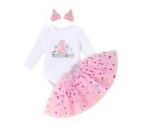 FYMNSI Baby Girl My 1st First Birthday Cake Smash Outfit Cartoon Printed Cotton Long Sleeve Romper Confetti Tulle Tutu Skirt Hair Clips Set One Year Old Party Photo Shooting Fall Spring Pink 1 Year