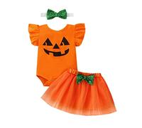 FYMNSI Baby Girl My 1st First Halloween Outfit Infant Ghost Pumpkin Costume Smile Face Cotton Flutter Sleeve Romper Bodysuit Tulle Tutu Skirt Sequin Bowknot Headband 3pcs Set Orange 6-9 Months
