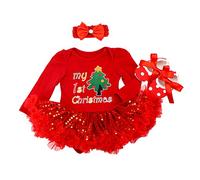 FYMNSI Baby Girl My First Christmas Outfit Infant Babies 1st Xmas Party Dress Princess Tutu Romper with Shoes Headband 3pcs/Set Reindeer Xmas Tree Print Bodysuit Jumpsuit Photo Props for 0-3 Months
