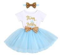 FYMNSI Baby Girl Second Birthday Party Dress It's My 2nd Birthday Shiny Letter Print Cotton Short Sleeve Sequin Bowknot Tutu Tulle A-line Skirt with Headband 2pcs Summer Clothes Set Blue