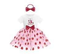 FYMNSI Baby Girl Strawberry 3rd Third Birthday Cake Smash Outfit Kids Three Years Old Party Dress Short Sleeve Berry Tulle Tutu Princess Dress with Sequin Bowknot Headband Set Pink 3rd 3 Years