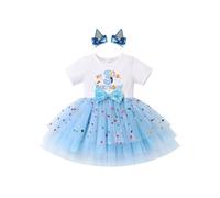 FYMNSI Baby Girl Toddler Kids 3rd Third Birthday Cake Smash Outfit Blue Confetti Polka Dots Three Years Old Party Tulle Tutu Princess Dress with Hair Clips Photo Shooting Summer Clothes Blue 3rd 3Y