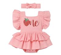 FYMNSI Baby Girls 1st Birthday Cake Smash Outfits One Year Old Party Clothes Strawberry Ruffle Sleeve Bubble Romper Button Strap Bodysuit Bib Overall Jumpsuit Playsuit Photo Shooting Pink 6-12 Monate