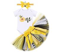 FYMNSI Baby Girls 1st Birthday Outfit My First Bee Day Costume One Year Old Party Cake Smash Sunflower Cotton Short Sleeve Romper Tutu Tulle Skirt Bowknot Headband 3pcs Set White 9-12 Months