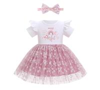 FYMNSI Baby Girls 1st First Birthday Dress Miss One Derful Outfit I'm One Year Old Party Cake Smash Photoshoot Boho Rainbow Daisy Floral Tulle Tutu Princess Dresses Headband Summer Dusty Pink 12-18M