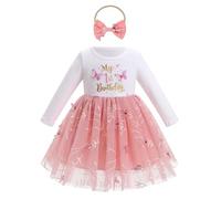 FYMNSI Baby Girls 1st First Birthday Outfit Butterfly Tulle Tutu Princess Dress Toddlers Kids One Year Old Party Photo Shoot Fall Winter Spring Casual Cotton Long Sleeve Dresses Dusty Pink 12-18M