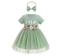 FYMNSI Baby Girls 1st First Birthday Outfit Floral Embroidery Tulle Tutu Princess Dress Toddlers Kids One Year Old Party Photo Shoot Spring Summer Casual Cotton Short Sleeve Dresses Green 12-18M