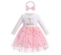 FYMNSI Baby Girls 1st First Birthday Outfit Flower Embroidery Tulle Tutu Princess Dress Toddlers Kids One Year Old Party Photo Shoot Fall Winter Spring Casual Cotton Long Sleeve Dresses Pink 9-12M