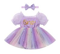 FYMNSI Baby Girls 1st First Birthday Outfit One Year Old Party Cake Smash Photoshoot Puff Short Sleeve Rainbow Tutu Tulle Princess Romper Dress with Bowknot Headband Set Summer Purple 12-18 Months