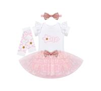 FYMNSI Baby Girls 1st First Birthday Outfit Toddlers Floral One Year Old Party Cake Smash Photoshoot Set Short Sleeve Romper Tutu Skirt Leg Warmers Headband 4pcs Pink 9-12 Months