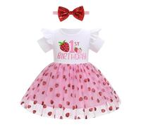 FYMNSI Baby Girls Berry 1st First Birthday Dress I'm One Year Old Party Cake Smash Photoshoot Strawberry Short Sleeve Tulle Tutu Princess Dresses Bowknot Headband Set Summer Casual Pink Berry 9-12M