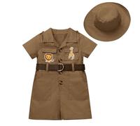 FYMNSI Baby Girls Boys Jungle Safari Jumpsuit Wild One 1st Birthday Party Cake Smash Outfit Toddlers Zookeeper Suit Kids Froest Adventure Explorer Clothes Short Sleeve Romper with Hat Brown 0-6M