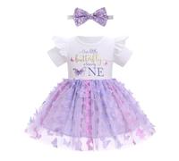 FYMNSI Baby Girls Butterfly 1st First Birthday Dress I'm One Year Old Party Cake Smash Photoshoot Ruffle Short Sleeve Tulle Tutu Princess Dresses Bowknot Headband Set Summer Casual Purple 12-18M