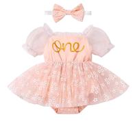 FYMNSI Baby Girls Daisy Floral 1st First Birthday Outfit Toddlers One Year Old Party Cake Smash Photoshoot Puff Short Sleeve Tutu Tulle Princess Romper Dress Bowknot Headband Set Peach Floral 12-18M