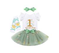 FYMNSI Baby Girls My 1st First Birthday Outfit Toddlers Floral One Year Old Party Cake Smash Photoshoot Set Short Sleeve Romper Tutu Skirt Leg Warmers Headband 4pcs Green 12-18 Months