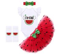 FYMNSI Baby Girl's My 1st First Birthday Watermelon Cake Smash Outfit Cotton Flutter Sleeve Romper Bodysuit Tutu Tulle Skirt Bowknot Headband Leg Warmers 4pcs Party Set Photo Props Red I'm One 1 Year