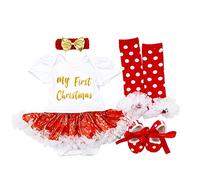 FYMNSI Baby Girls My First Christmas Outfit Newborn Infant 1st Xmas Party Clothes Princess Tutu Romper Dress Bowknot Headband Shoes Leg Warmers 4pcs Set White My First Christmas 0-3 Months