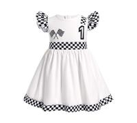 FYMNSI Baby Girls Racing Suit Dress 1st First Birthday Cake Smash Outfit Toddler Car Driver Fast One Year Old Party Photoshoot Checkered Fly Sleeve A-line Ruffle Dresses White 9-12 Months