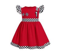 FYMNSI Baby Girls Racing Suit Dress 1st First Birthday Cake Smash Outfit Toddler Car Driver Fast One Year Old Party Photoshoot Checkered Fly Sleeve A-line Ruffle Dresses Red 9-12 Months