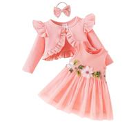 FYMNSI Baby Girl's Sleeveless Princess Tutu Dress Ruffle Long Sleeve Cardigan Set Infant Toddler Kids Girls First 1st Birthday Cake Smash Outfit Wedding Party Spring Fall Casual Clothes Pink 6-9M