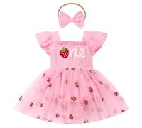 FYMNSI Baby Girls Strawberry 1st First Birthday Cake Smash Outfit One Year Old Party Photo Shoot Ruffle Fly Sleeve Tutu Tulle Princess Romper Dress with Bowknot Headband Set Summer Clothes Pink 9-12M