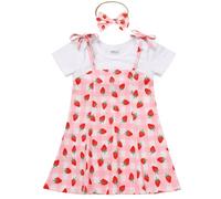FYMNSI Baby Girls Strawberry Dress Toddlers Berry Printed Short Sleeve A-line Birthday Party Dress with Bowknot Headband 2pcs Set Kids Summer Casual Clothes Dailywear Playwear Pink Strawberry 2-3Y