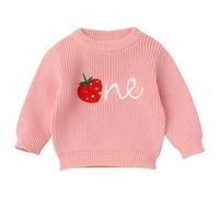 FYMNSI Baby Girls Sweater Toddler Kids Knitted Pullover Tops 1st First Birthday Outfit Strawberry One Embroidery Crew Neck Oversized Sweatshirt Knitwear Fall Winter Casual Clothes Pink 1 Year
