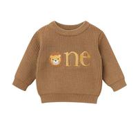 FYMNSI Baby Sweater Toddler Kids Boys Girls Wild One 1st First Birthday Outfit Fall Winter Warm Knitted Pullover Tops Crew Neck Oversized Sweatshirt Knitwear Casual Clothes Brown Lion 1 Year
