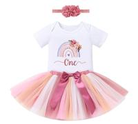 FYMNSI Boho Rainbow Cake Smash Outfit 1st Birthday Girl Cotton Short Sleeve Romper Princess Tutu Tulle Skirt Flower Headband 3pcs Set Summer One Year Old Party Photo Shooting Props Dusty Pink 12-18M