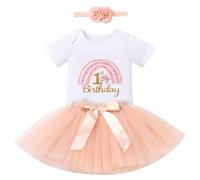 FYMNSI Boho Rainbow Cake Smash Outfit 1st Birthday Girl Cotton Short Sleeve Romper Princess Tutu Tulle Skirt Flower Headband 3pcs Set Summer One Year Old Party Photo Shooting Props Peach 9-12M