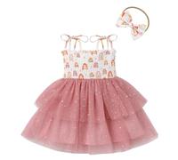FYMNSI Boho Rainbow Dress for Baby Girls First Birthday Party Cake Smash Outfit Toddler Kids Tiered Tulle Tutu Princess Wedding Flower Girl Spaghetti Straps Smocked Summer Sundress Dusty Pink 2-3Y