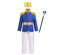 FYMNSI Boys Prince Charming Costume Majestic King Knight Outfits for Kids Halloween Carnival Cosplay Christmas Birthday Party Dress Up World Book Day Jacket Tops Trousers Crown Set Blue + White 3-4Y