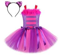 FYMNSI Cheshire Cat Costume Kids Halloween Party Cosplay Fancy Dress Up Girls Alice Animal Tutu Dress Headband Set for World Book Week Day Birthday Christmas Carnival Purple 4-5 Years