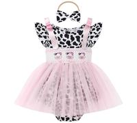 FYMNSI Cow Print 1st 2nd Birthday Outfit Girls Baby Toddlers One Two Years Old Party Cake Smash Fairy Tulle Tutu Princess Romper Dresses with Bowknot Headband Set Summer Pink Cow 9-12 Months
