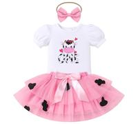 FYMNSI Cowgirl 1st First Birthday Outfit Girls Baby I'm One Year Old Party Cake Smash Set Cow Print Short Sleeve Romper Princess Tutu Skirt Bowknot Headband Infant Summer Dress Pink Cow 9-12 Months