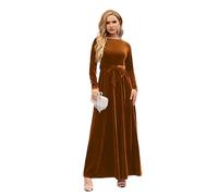 FYMNSI Fall Winter Velvet Dresses for Women UK Elegant Dress Casual Formal Long Sleeve A Line Long Maxi Dress with Belt Ruched Evening Dresses Cocktail Party Dress Wedding Guest Dress Brown S