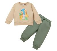 FYMNSI First 1st Birthday Outfit for Boys Wild One Cake Smash Jungle Safari Animal Themed Party Crew Neck Long Sleeve Sweatshirt Tops Trousers Pants Set Fall Winter Casual Clothes Bean Green 12-18M