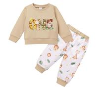 FYMNSI First 1st Birthday Outfit for Boys Wild One Cake Smash Jungle Safari Animal Themed Party Crew Neck Long Sleeve Sweatshirt Tops Trousers Pants Set Fall Winter Casual Clothes Khaki + White 9-12M