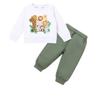 FYMNSI First 1st Birthday Outfit for Boys Wild One Cake Smash Jungle Safari Animal Themed Party Crew Neck Long Sleeve Sweatshirt Tops Trousers Pants Set Fall Winter Casual Clothes White 12-18 Months