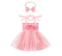 FYMNSI First 1st Birthday Outfit Girls Baby Butterfly One Year Old Party Dress Infant Smocked Tutu Tulle Romper Bodysuit with Bowknot Headband Set Photography Summer Clothes Pink Rainbow 9-12 Months