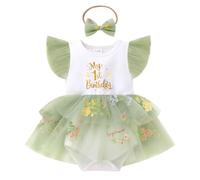 FYMNSI First 1st Birthday Outfit Girls Baby One Year Old Party Cake Smash Photoshoot Floral Embroidery Ruffle Tulle Tutu Princess Romper Dress Headband Set for Wedding Summer Sage Green 12-18M