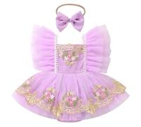 FYMNSI First Birthday Outfit Girl Newborn Infant Baby Girl's Floral Embroidery Tutu Tulle Princess Romper Dress Flutter Sleeve Bodysuit One Year Old Party Pageant Wedding Formal Dresses Violet 12-18M