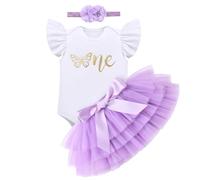 FYMNSI First Birthday Outfit Girls Baby Butterfly 1st Cake Smash Outfits One Year Old Party Dress Romper Princess Lavender Tulle Tutu Skirt Flower Headband Photoshoot Pageant Summer Lilac 1 Year