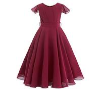 FYMNSI Flower Girl Dress Kids Elegant Chiffon Cap Sleeve Solid Pleated A-line Long Dress with Waistband for Wedding Bridesmaid Birthday Party Pageant Formal Evening Ball Prom Gown Wine Red 13-14 Years