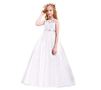 FYMNSI Flower Girl Dress Kids Princess Lace Tulle Tutu Wedding Junior Bridesmaid Sleeveless Bowknot A-line Long Maxi Gown for Formal Occasion Pageant Evening Birthday Party Cocktail White 7-8 Years