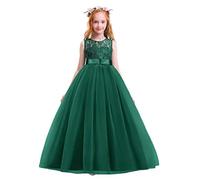 FYMNSI Flower Girl Dress Kids Princess Lace Tulle Tutu Wedding Junior Bridesmaid Sleeveless Bowknot A-line Long Maxi Gown for Formal Occasion Pageant Evening Birthday Party Cocktail Dark Green 4-5Y