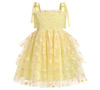 FYMNSI Flower Girl Dress Kids Summer Spaghetti Strap Tie Shoulder Smocked A-line Tiered Tutu Tulle Princess Dress Birthday Party Wedding Guest Special Occasion Formal Pageant Dresses Yellow Daisy 3-4Y