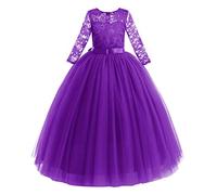 FYMNSI Flower Girl Dress Kids Teenager Lace Tulle Tutu Formal Long Maxi Dress 3/4 Sleeve Bowknot Wedding Junior Bridesmaid Pageant Evening Dance Ball Prom Gown Purple 13-14 Years
